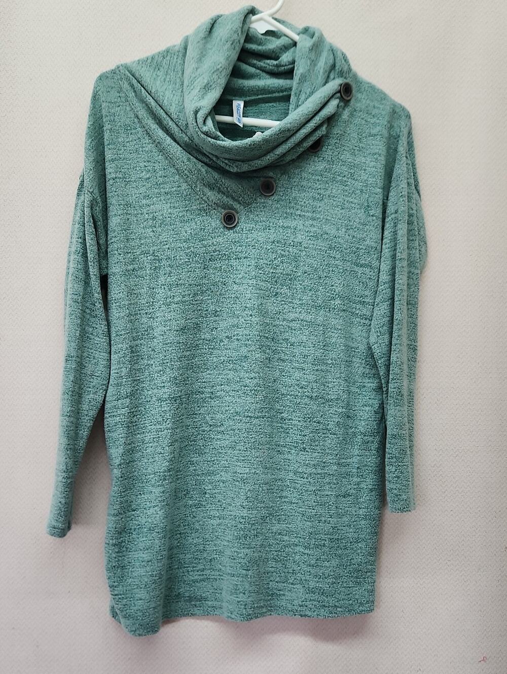 Button-Accent Sage Green Cowl Neck Women's Sweater